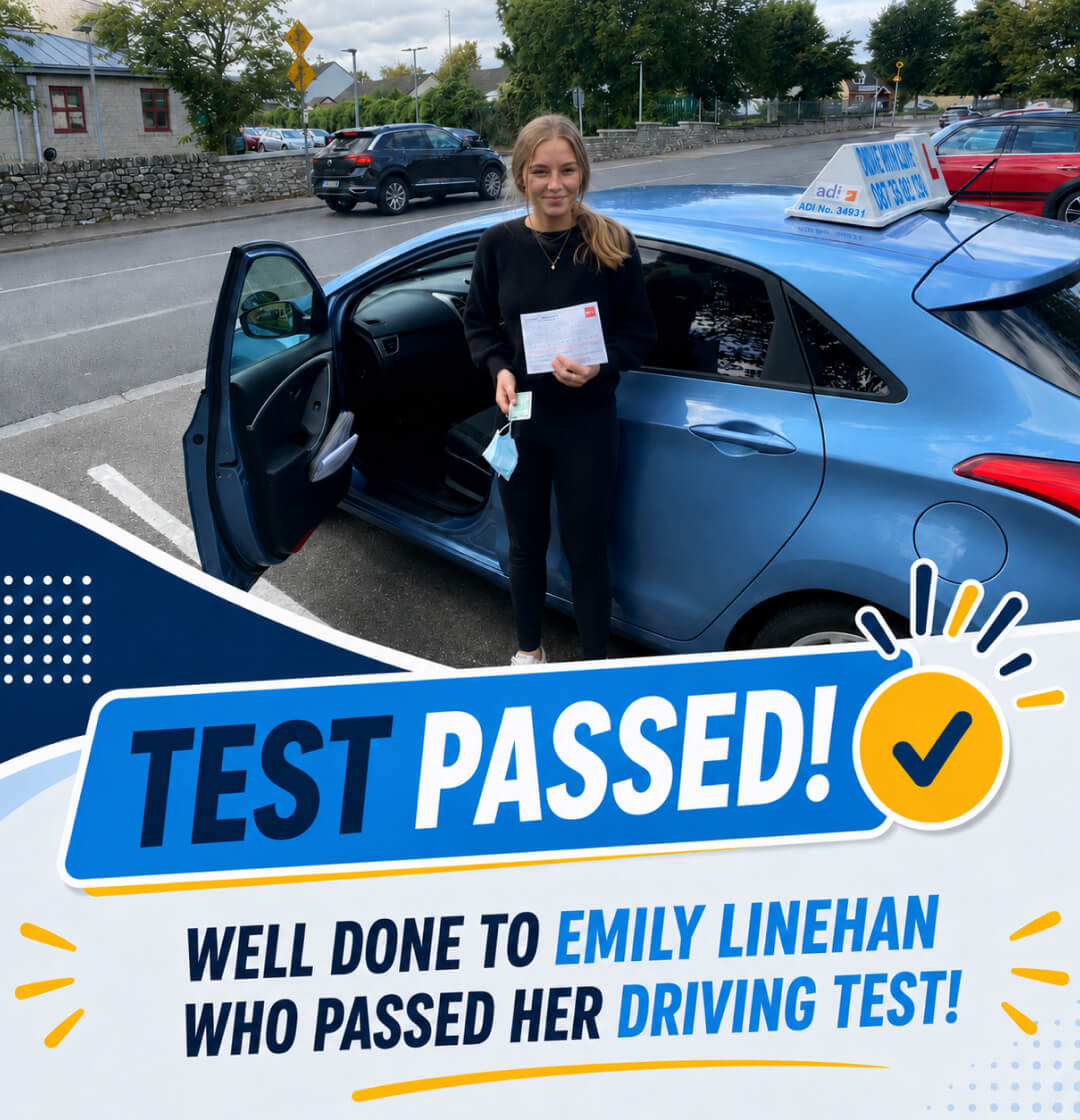Emily Linehan holding her driving test pass certificate with Drive with Clive
