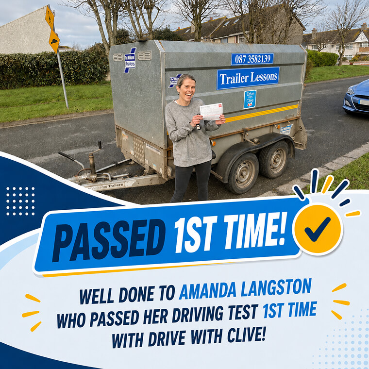 Amanda Langston celebrating her trailer (BE) test pass with Drive with Clive
