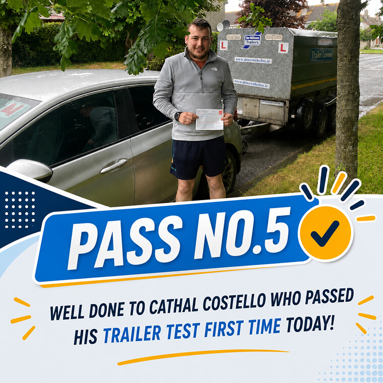 Cathal Costello celebrating his trailer (BE) test pass with Drive with Clive