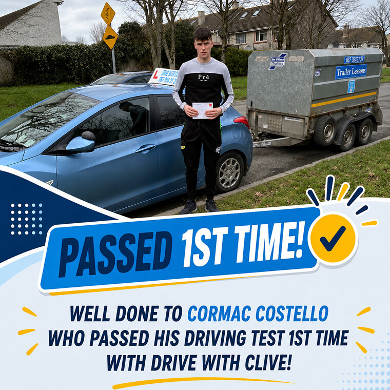 Cormac Costello celebrating his trailer (BE) test pass with Drive with Clive
