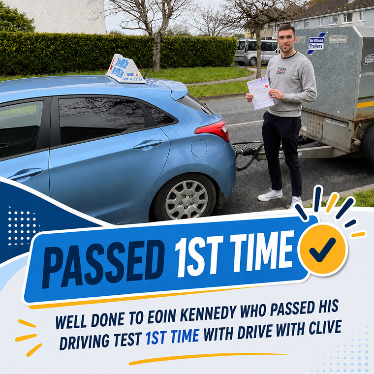 Eoin Kennedy celebrating his trailer (BE) test pass with Drive with Clive