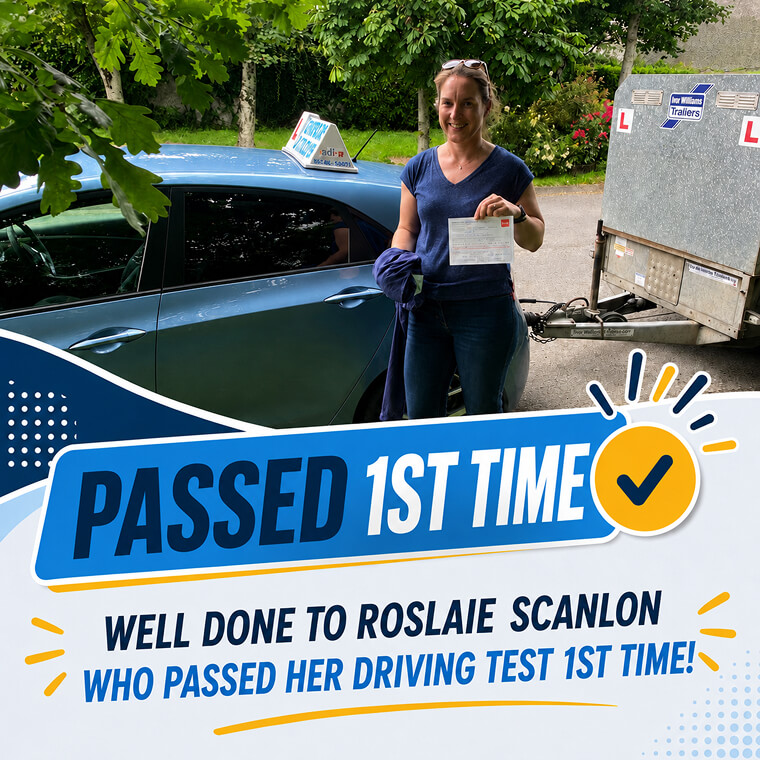 Rosalie Scanlon celebrating her trailer (BE) test pass with Drive with Clive